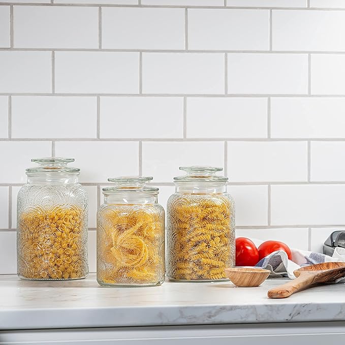 Le'raze Food Storage Containers with Airtight Lids - Retro Design - Pantry Organization, Glass Canisters Storage for Cookies, Tea, Sugar, Candy Jars, Sugar Packet, Set of 3-Ruum Studio Home