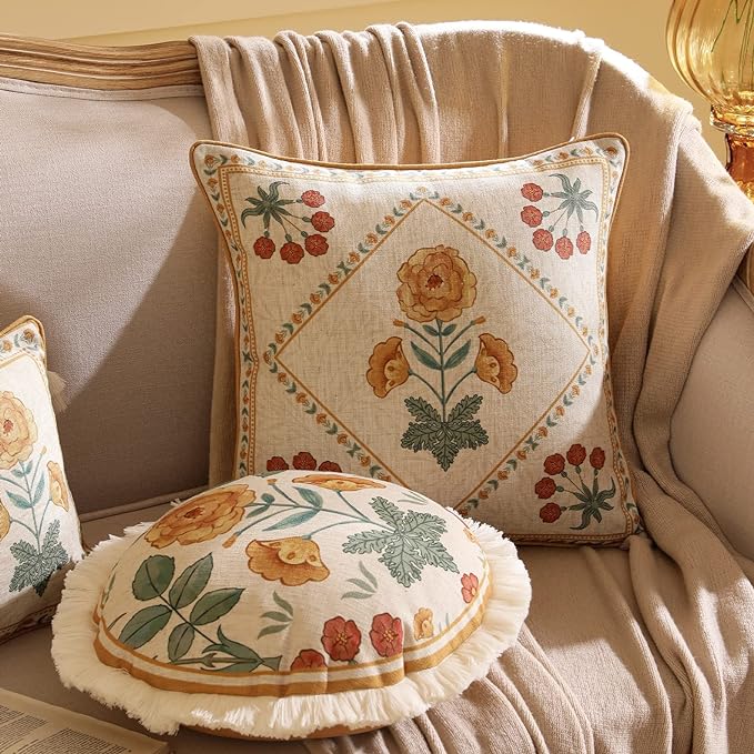 patdrea Designer Pack of 4 Throw Pillow Covers,Beige Vintage French Soft Linen Pillows Cover with Daisy Floral Pattern,Vintage Square Farmhouse Decorative Pillowcase for Couch,Bed,Living Room-Ruum Studio Home