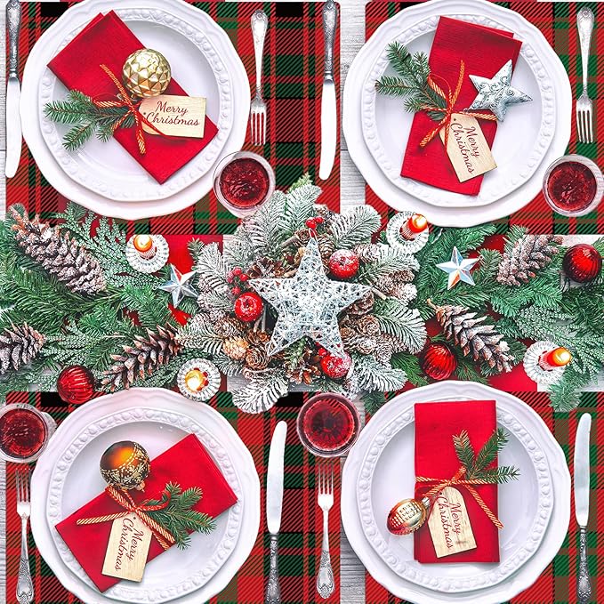 Christmas Placemats Set of 6 Red and Green Plaid Plastic Table Mats Recyclable Place Mats Washable Farmhouse Holiday Table Decoration for Indoor Outdoor Christmas Party Kitchen Dining-Ruum Studio Home