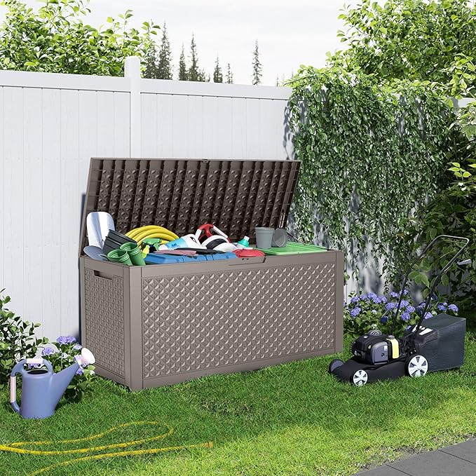 100 Gallon Deck Box Large Outdoor Storage for Patio Furniture,Outdoor Cushions,Garden Tools and Pool Supplies,Waterproof,Resin,Lockable(Grey Lozenge)-Ruum Studio Home