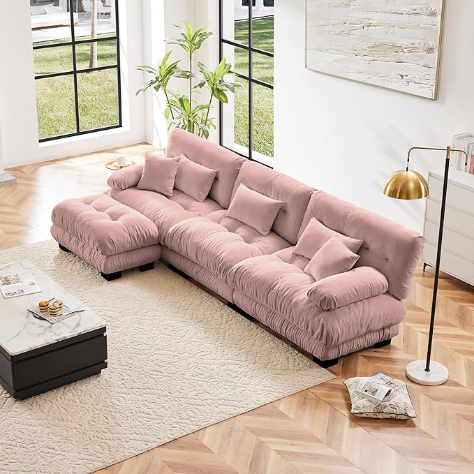 Pink 3-Seater L-Shaped Cloud Couch, Oversized Loveseat Sectional Sofa with Ottoman, Chenille Fabric, Modern Style-Ruum Studio Home
