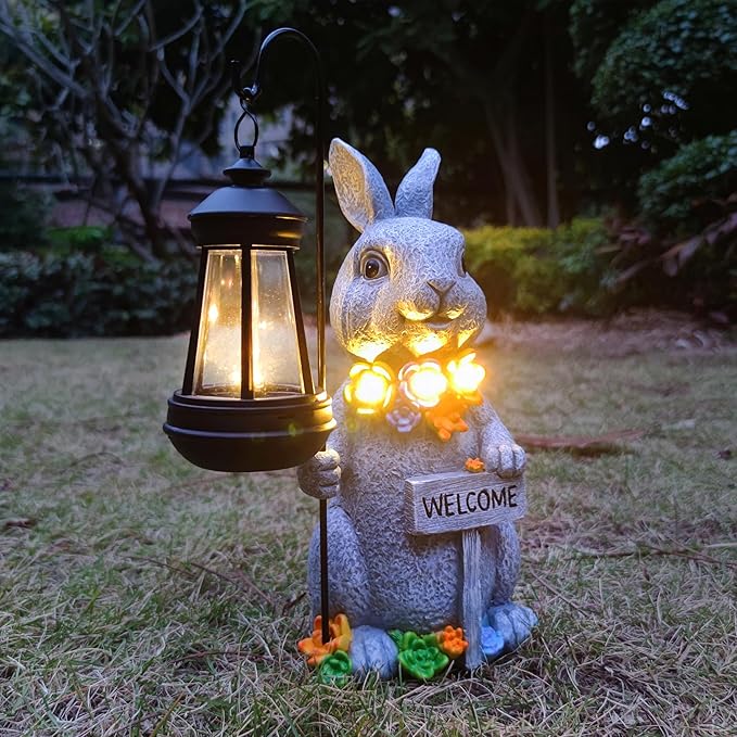 Solar Rabbit Garden Statues Outdoor Décor with Lantern- Rabbit Figurines Solar LED Light Lawn Ornaments - Yard Decorations for Patio, Balcony, Backyard -Unique House Warming Gifts for Mom-Ruum Studio Home