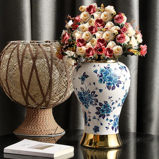 Ginger Jars for Home Decor, White and Gold Vase, Porcelain Ginger Jar Chinoiserie Blue and White Vase with Gold Trim and Floral Pattern, Ceramic Flower Vase for Home, Temple and Storage Jars(12in)-Ruum Studio Home