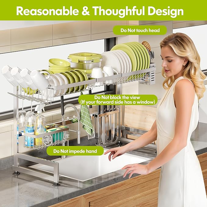 2 Tier Extra Large Stainless Steel Expandable Over The Sink Dish Drainer Drying Rack, Rust Proof Metal, Space Saving, Modern Silver Big Capacity Extendable Plate Strainers Above Kitchen Counter-Ruum Studio Home