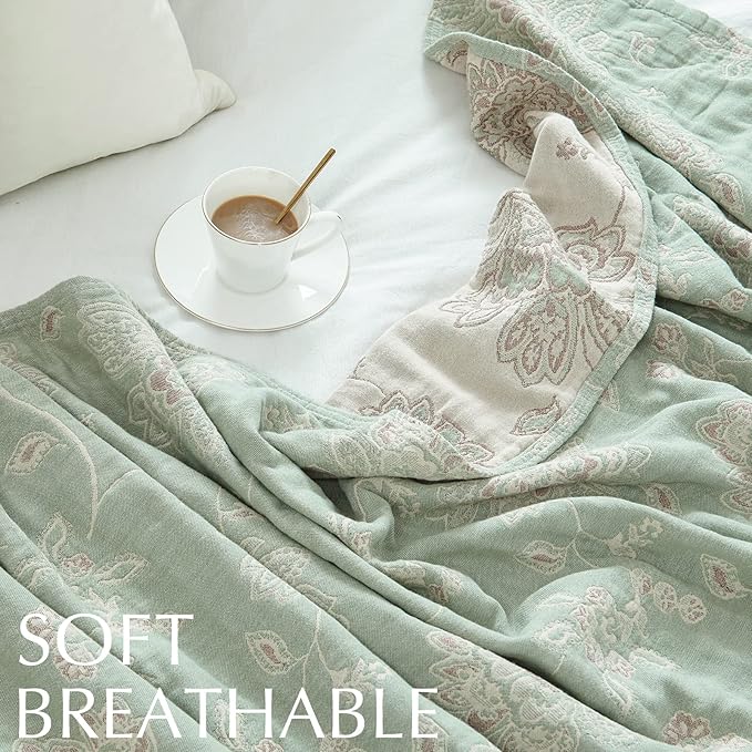 jinchan Boho 100% Cotton Muslin Twin Size 50x60 Inches Blanket Lightweight 4-Layer Quilted Soft Green and Beige Floral Throw Blanket Reversible Comfy Flower Breathable All Seasons Couch Bedroom Decor-Ruum Studio Home