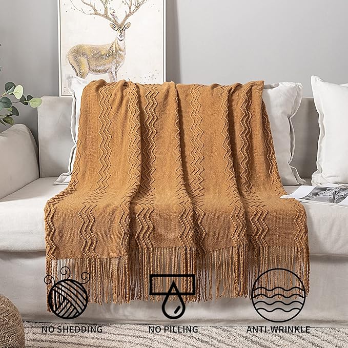 MIULEE Knitted Brown Throw Blanket for Couch,Boho Bed Decor Knit Outdoor Blankets Throw Size with Tassels Cozy Woven for Sofa Home Chair Wave Pattern 50" x 60" Inches-Ruum Studio Home