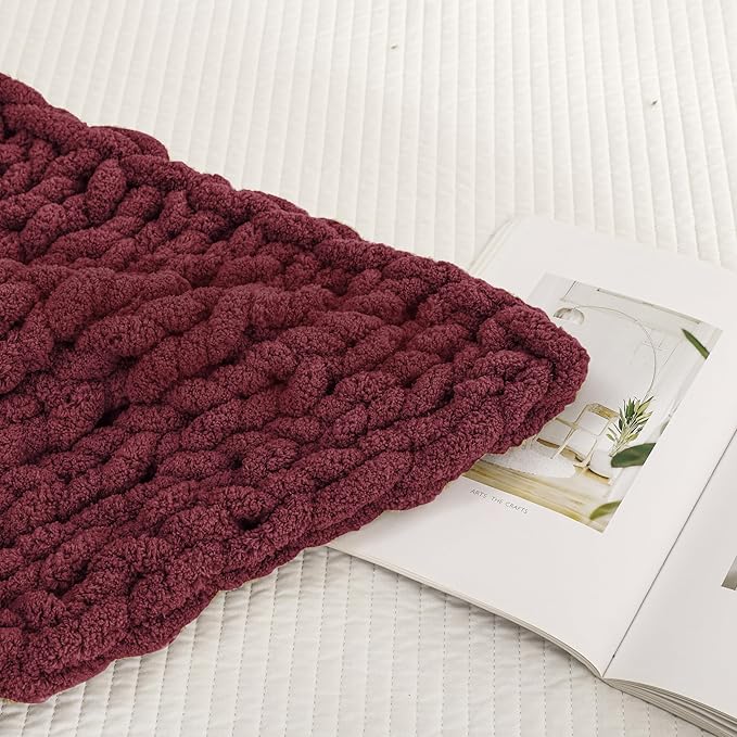 WESHIONGOO Chunky Knit Blanket Throw 40"×40" Knitted Throw Blankets for Couch Bed Fluffy Soft Blanket with Jumbo Chenille Yarn Thick 100% Handmade (Burgundy Red)-Ruum Studio Home