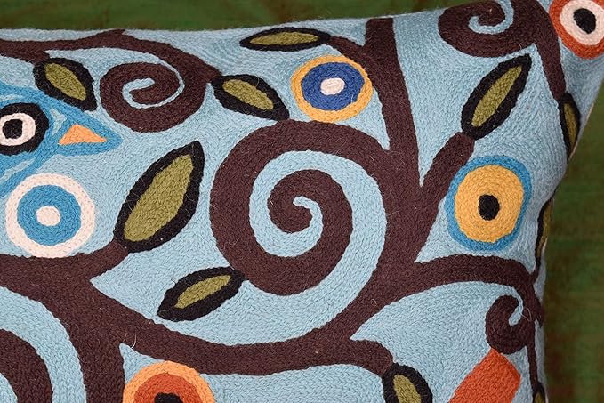 Lumbar Klimt Pillow Cover | Green Birds | Tree of Life | Modern Floral | Outdoor Pillows | Mid Century Chair Cushion | Handmade Wool Size 14x20-Ruum Studio Home