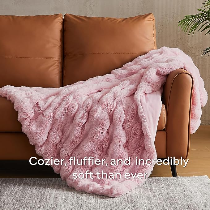 JELLYMONI Faux Fur Throw Blanket, Pink Fuzzy Cozy Plush Bubble Bed Blanket, Thick and Warm King Size (108" x 90")-Ruum Studio Home