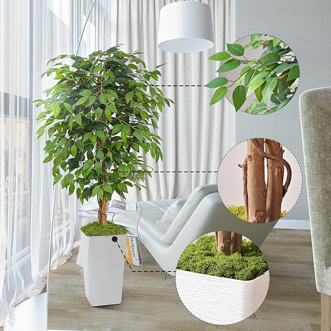 Artificial Ficus Tree 5FT Faux Floor Tree with Planter UV Resistant Potted Fake Silk Plant, Real Wood Trunk-Indoor Outdoor Lifelike Fake Ficus Tree for Home, Living Room Bedroom Topiary Tree-Ruum Studio Home