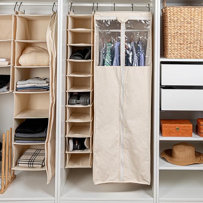 Household Essentials Hanging Shoe Organizer, 10 Wide Cubbies with Cedarline Pockets, Heavy-Duty Cotton Canvas, Removable and Industrial Hooks, Natural-Ruum Studio Home