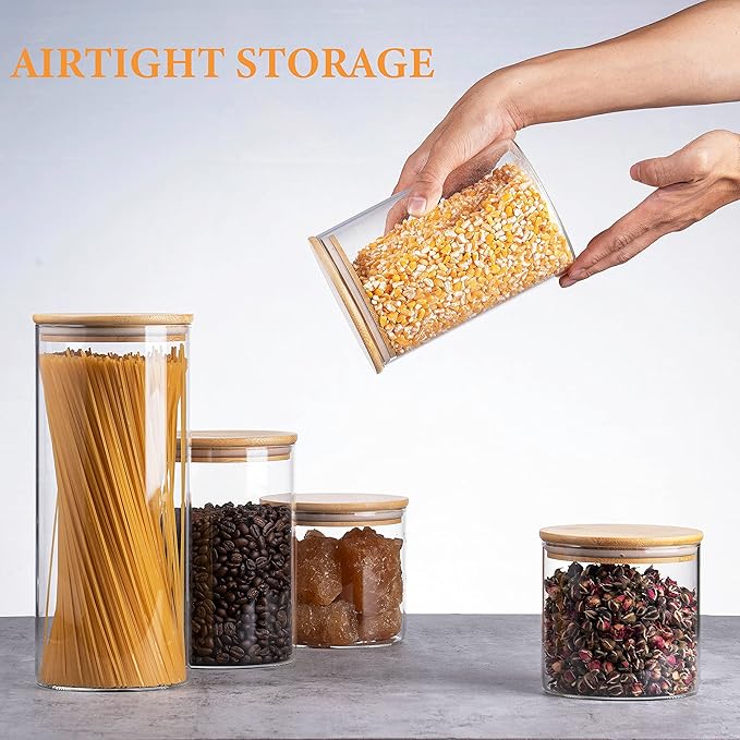 YUNCANG Glass Storage Jars [Set of 5],Clear Glass Food Storage Containers with Airtight Bamboo Lid Stackable Kitchen Canisters for Candy,Cookie,Rice,Sugar,Flour,Pasta,Nuts and Spice Jars-Ruum Studio Home