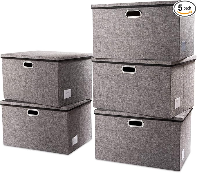 PRANDOM Extra Large Collapsible Storage Bins with Lids [5-Pack] Linen Fabric Foldable Storage Baskets Boxes Organizer Containers Cube with Cover for Bedroom Closet Office Nursery (22.8x15.75x13.8)-Ruum Studio Home