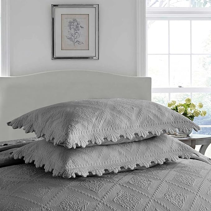 MarCielo 3-Piece 100% Cotton Oversized Bedspread Lightweight Quilt Coverlet Embroidery Farmhouse Bedding Set (Tk Light Grey, Oversized Queen (100"x106"))-Ruum Studio Home