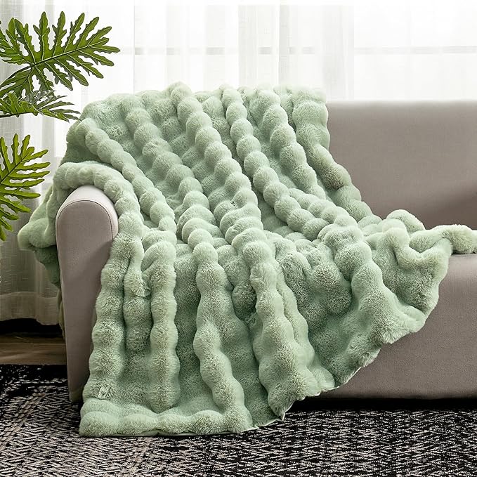 Cozy Bliss Faux Fur Throw Blanket for Couch, Fuzzy Soft Plush Thick Bubble Blanket for Sofa Bedroom Living Room, 60 * 80 Inches Sage Green-Ruum Studio Home