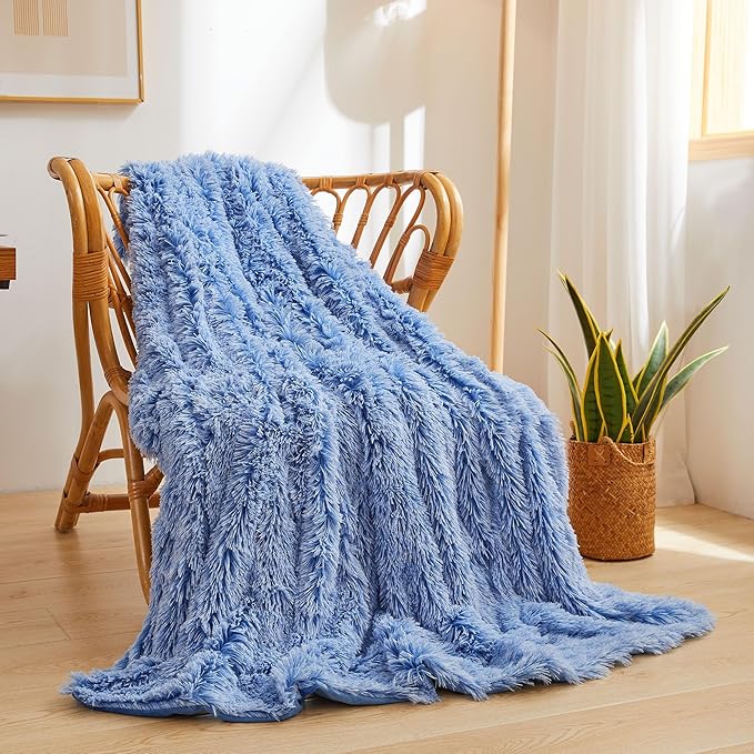 XeGe Luxury Fluffy Throw Blanket, Cobalt Blue Soft 50x60 Faux Fur Blanket Throw, Shaggy Plush Decorative Couch Blanket, Cute Furry Throw Fuzzy Blanket for Sofa Bed, Ombre Cobalt Blue-Ruum Studio Home