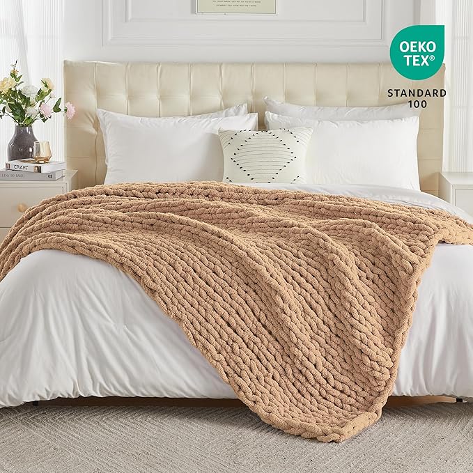 Carriediosa Chunky Knit Throw Blanket 60" X 80" Twin, 100% Hand Made Large Chenille Loop Yarn Soft Fluffy Throws for Couch Sofa Bed, Big Crochet Cozy Heavy Thick Cable Woven Blankets, Tan Brown-Ruum Studio Home