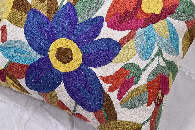 Cream Floral Pillow Cover Blue Flower Pillowcase Boho Cushion Florals Accent Throw Pillowsham Wool Hand Embroidered Size 18x18-Ruum Studio Home