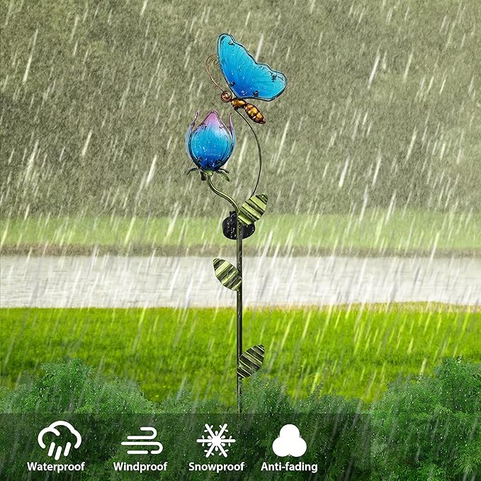 TERESA'S Collections Flower Yard Decorations Outdoor, 42'' Blue Glass Butterfly Solar Outdoor Lights Garden Decor for Outside, Metal Yard Art Garden Stake Decorative for Patio Decor,Gifts for Mom-Ruum Studio Home
