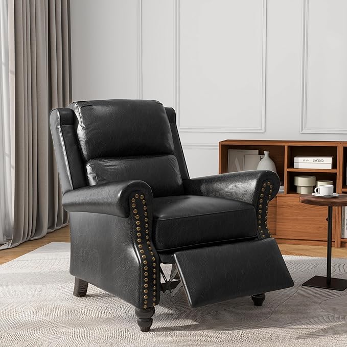 UIXE Pushback Recliner Chairs Set of 2, PU Leather Armchair Push Back Accent Chair, Rivet Trim Club Chair Home Theater Overstuffed Single Sofa Reading Seat for Living Room, Black-Ruum Studio Home