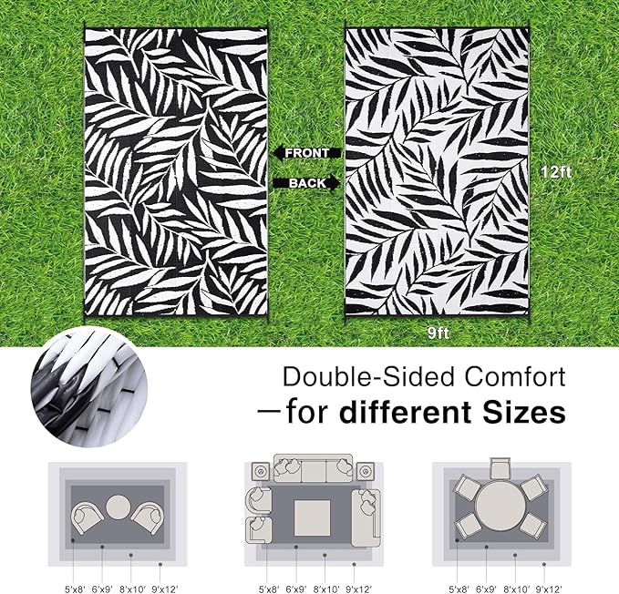 OLANLY Waterproof Outdoor Rug 9x12 ft, Reversible Outdoor Plastic Straw Rug with Leaf Pattern, RV Mat, Indoor Outdoor Carpet for Patio, Camping, Balcony, Deck, Backyard, Black & White-Ruum Studio Home