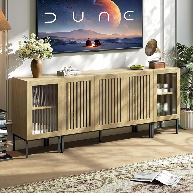 Farmhouse TV Stand for TVs up to 85 Inch, Entertainment Center TV Console with Storage Cabinets and Glass Doors, Media Console for Living Room,Oak-Ruum Studio Home