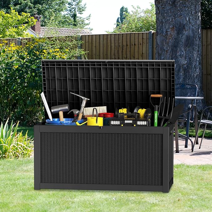260 Gallon Deck Box XXL Large Outdoor Storage for Patio Furniture,Outdoor Cushions,Garden Tools and Pool Supplies,Waterproof,Resin,Lockable(Black Rattan)-Ruum Studio Home