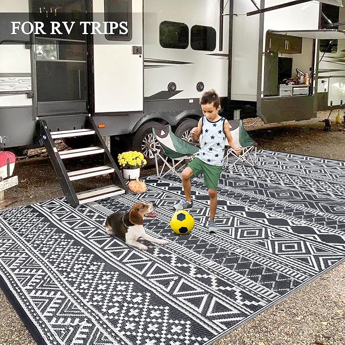 GAOMON Outdoor Rug 9'x12' Waterproof Rug for Patio Decor, Foldable Reversible Plastic Straw Area Rugs Mat for Camper, Outside Carpet for Deck, Porch, Picnic, Beach, Grey/White(Bohemia)-Ruum Studio Home