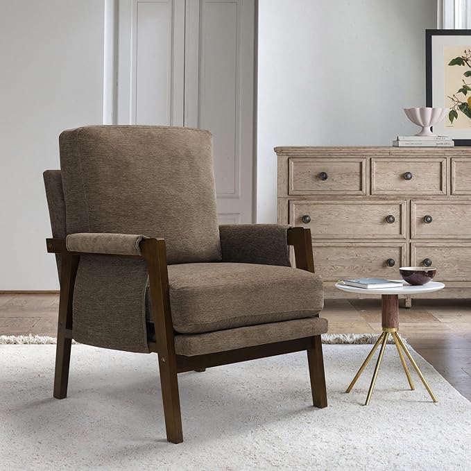 Modern Accent Chair for Living Room Mid Century Arm Chair Upholstered Bedroom Chair Comfy Lounge Chair with Solid Wood Frame, Dark Brown-Ruum Studio Home