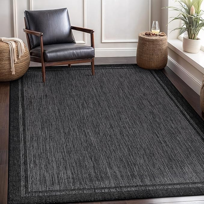CAMILSON Indoor Outdoor Rug, 10x14 Bordered Dark Grey Black Modern Large Area Rugs for Indoor and Outdoor Patios, Kitchen and Hallway Mats, Washable Porch Deck Outside Carpet (Bordered Black, 10 x 14)-Ruum Studio Home