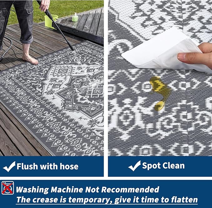 GAOMON Outdoor Patio Rug 9x12 Waterproof Reversible Plastic Straw Rug, Large UV-Resistant Portable RV Camping Mats, Indoor Outdoor Rugs for Outside Deck Porch Garden RV, Gray & White-Ruum Studio Home