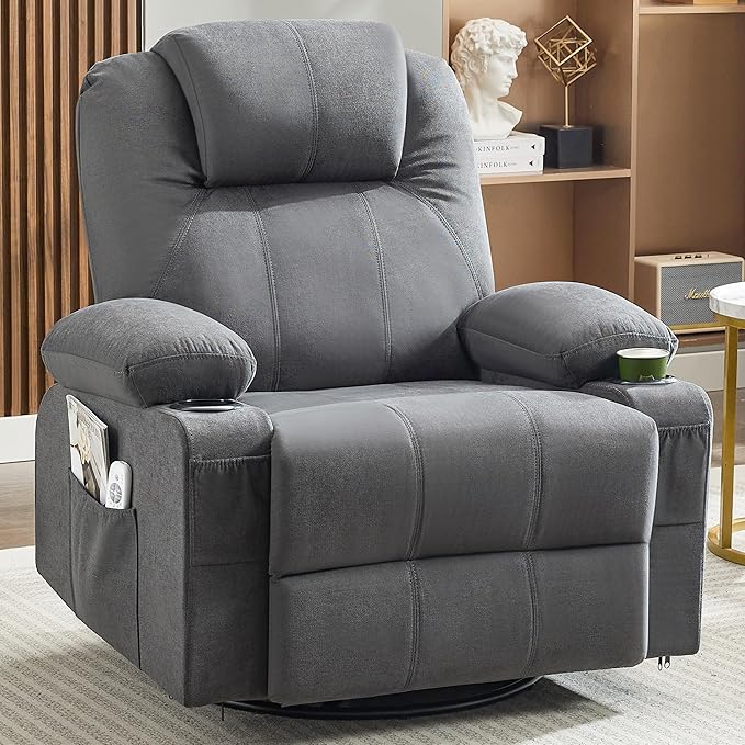 Oversized Swivel Rocker Recliner Chair with Heat and Massage, 360 Degree Swivel Rocking Single Sofa with Cup Holders and USB Port, Big Large Recliner Chair for Living Room (Fabric, Darkgrey)-Ruum Studio Home