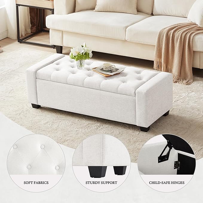 48" Ottoman with Storage, White Storage Ottoman Bench with Safety Hinge, Upholstered Entryway Bench with Seating for Bedroom, Living Room, Holds up to 330 lb-Ruum Studio Home