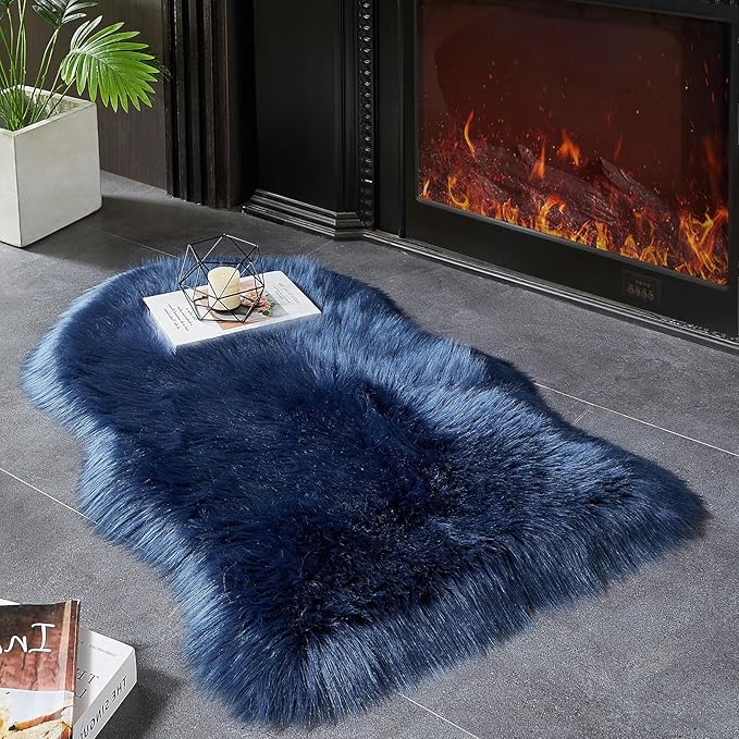 AMTOVO Faux Fur Rug, Dark Blue Small Area Rug, Fluffy Sheepskin Rug, Fuzzy Ultra Soft 2 x 3 ft Shag Rugs for Bedroom Sofa Throw Cushion Room Decor, Sheepskin-Ruum Studio Home
