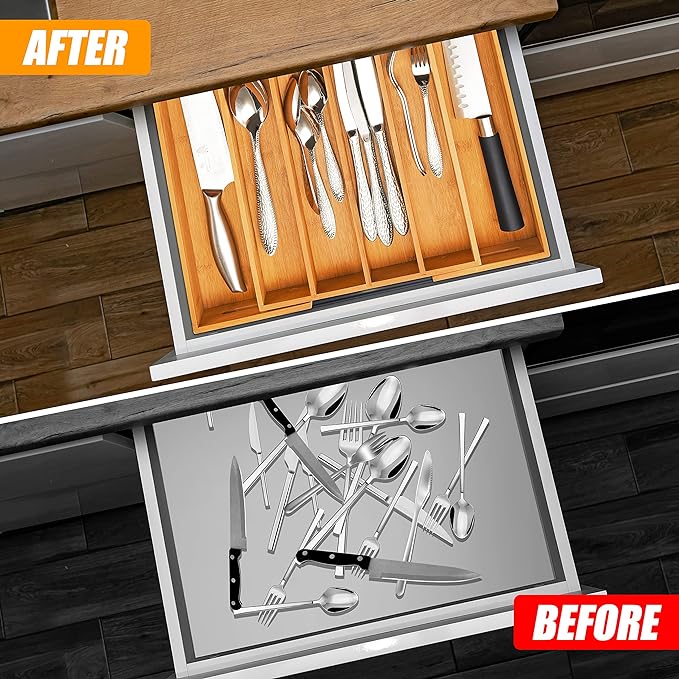 Bellsal Silverware Organizer Kitchen Drawer Organizer Expandable Bamboo Utensil Holder Cutlery Tray for Kitchen Utensil and Flatware Bedroom Office-Ruum Studio Home