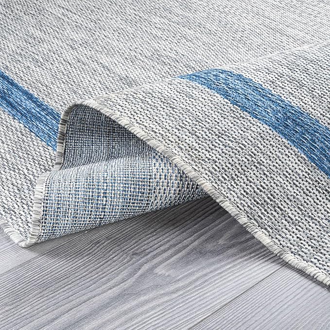 Bordered Outdoor Rug 8x10 Washable Outside Carpet for Indoor Patio Porch Waterproof Easy Cleaning Non Shedding Area Rugs Silver Gray - Blue 8 x 10-Ruum Studio Home