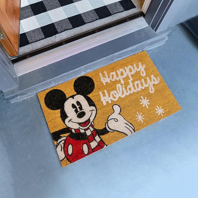 Gertmenian Disney Mouse Doormat Rug Retro Front Door Coir Mat Welcome Home Indoor Outdoor Entryway Carpet, 2-Pack 20x34, Mickey Happy Holidays/Snowflakes-Ruum Studio Home