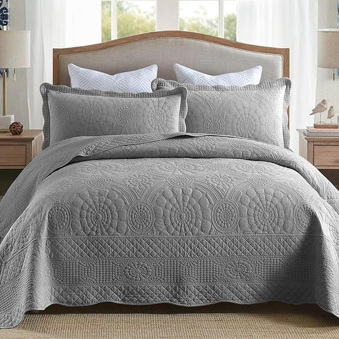 MarCielo 3-Piece 100% Cotton Oversized Bedspread Lightweight Quilt Coverlet Embroidery Farmhouse Bedding Set (Tf Light Grey, Oversized Queen (100"x106"))-Ruum Studio Home