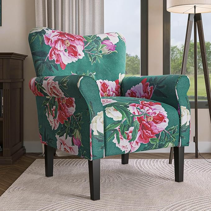 BELLEZE Modern Accent Chair, High Back Armchair, Upholstered Wingback Side Chair, Padded Single Sofa with Wooden Legs for Living Room, Bedroom - Green & Flower-Ruum Studio Home