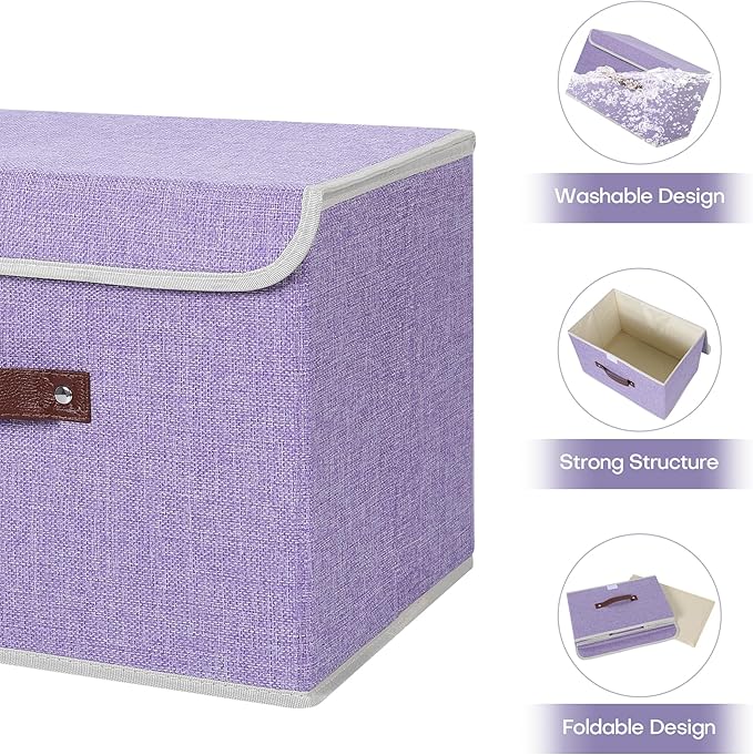 ANMINY 2PCS Storage Bins with Lid PU Leather Handles Storage Boxes PP Plastic Board Decorative Foldable Lidded Cotton Linen Fabric Home Cubes Baskets Closet Organizer Containers - Purple, Large Size-Ruum Studio Home