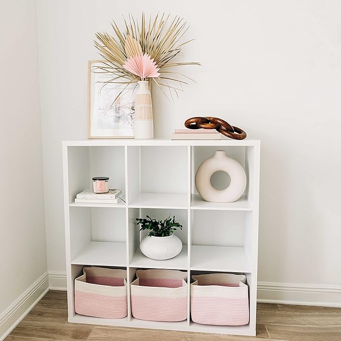 OrganiHaus Woven Storage Baskets for Organizing, Cotton Rope Organizer Bins for Shelves, Closet & Nursery, Dog Toy Basket, Decorative Bins for Toys, Towels & Books - 15x10x9, Pink/Off-White-Ruum Studio Home
