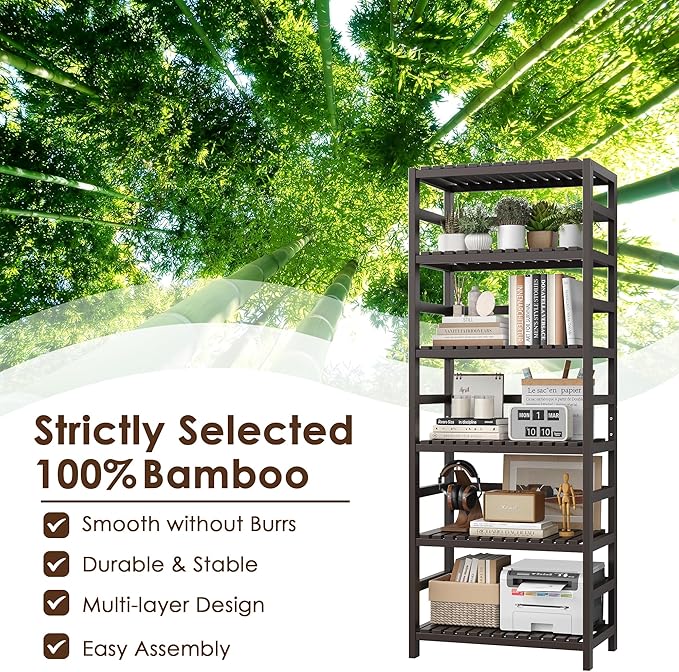 FOTOSOK 6-Tier Bamboo Shelf, Bamboo Bookcase with Adjustable Shelves, Free Standing Storage Shelf Unit, Plant Flower Stand for Kitchen, Bathroom, Home Office, Vintage-Ruum Studio Home