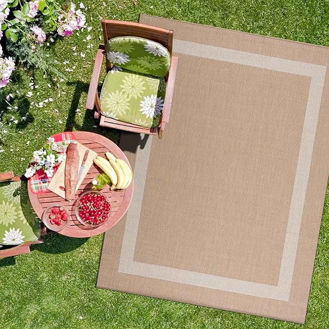 CAMILSON Outdoor Rug 6x9, Modern Outside Rugs for Patios Porches Waterproof Durable Washable Non-Shedding, Easy-to-Clean Indoor Outdoor Area Carpet (6 x 9, Bordered - Beige/White)-Ruum Studio Home