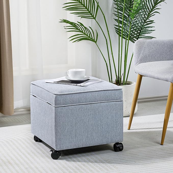 Adeco 17.5" Square Fabric Ottoman with Storage, Upholstered Cotton Linen Foot Rest, Flip Top Footstool, Small Cube Coffee Table Extra Seat for Living Room, Bedroom, Ice Blue with Rolling Legs-Ruum Studio Home