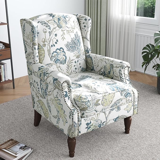 Lumibee High Back Accent Chair Set of 2, Armchair in Fabric,Comfy Upholstered Wingback Single Sofa Reading Chairs with Solid Wood Legs for Living Room,Bedroom,Office-Plants Blue-Ruum Studio Home