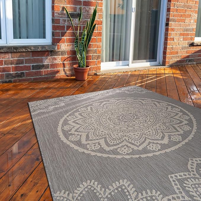 CAMILSON Outdoor Rug 9x12 Modern Area Rugs for Large Indoor and Outdoor Patios and Porches - Waterproof Washable Non-Shedding Easy-to-Clean Outside Carpet (9 x 12, Medallion - Grey/White)-Ruum Studio Home