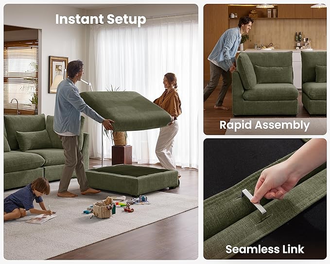 Oversized Modular Sofa, Extra Deep Cloud Chenille Sectional Couch with Ottoman Chaise, Fluffy Chenille 2 Seater Sofa Bed for Living Room, Villa (Loveseat Sofa, Chenille Green)-Ruum Studio Home