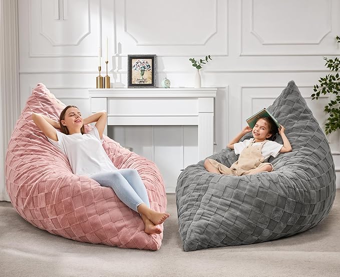 Hobestluk 3 in 1 Bean Bag Chair Giant Bean Bag Chairs for Adults with Plaid Cover Convertible Bean Bag Floor Cushion with Machine Washable Cover for Living Room (Plaid Pink)-Ruum Studio Home