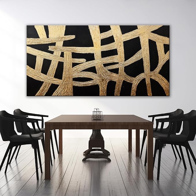 Abstract Wall Art Paintings Wall Decor Large Canvas Wall Art Decor Black And Gold Lines Texture Wall Art Artwork Modern Minimalist Wall Art Living Room For Room Bedroom Office Wall Decor 29"X58"-Ruum Studio Home