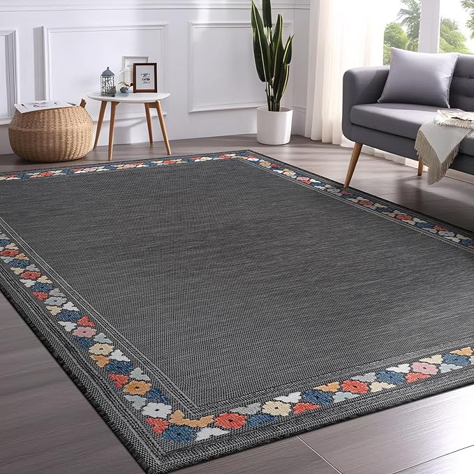 Beverly Rug Outdoor Rug 8x10 Modern Bordered Area Rugs for Indoor and Outdoor Patio Easy to Clean Non Shedding Living Room Porch Garden Washable Outside Carpet (8 x 10 Dark Gray)-Ruum Studio Home